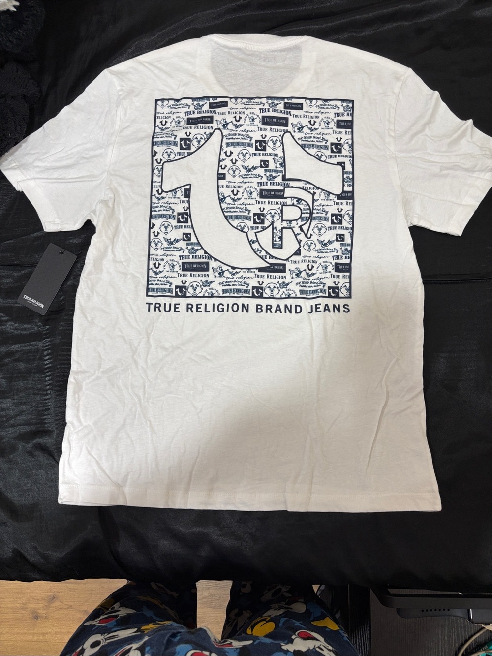 True Religion White Tee with Navy Logo Block Graphic
